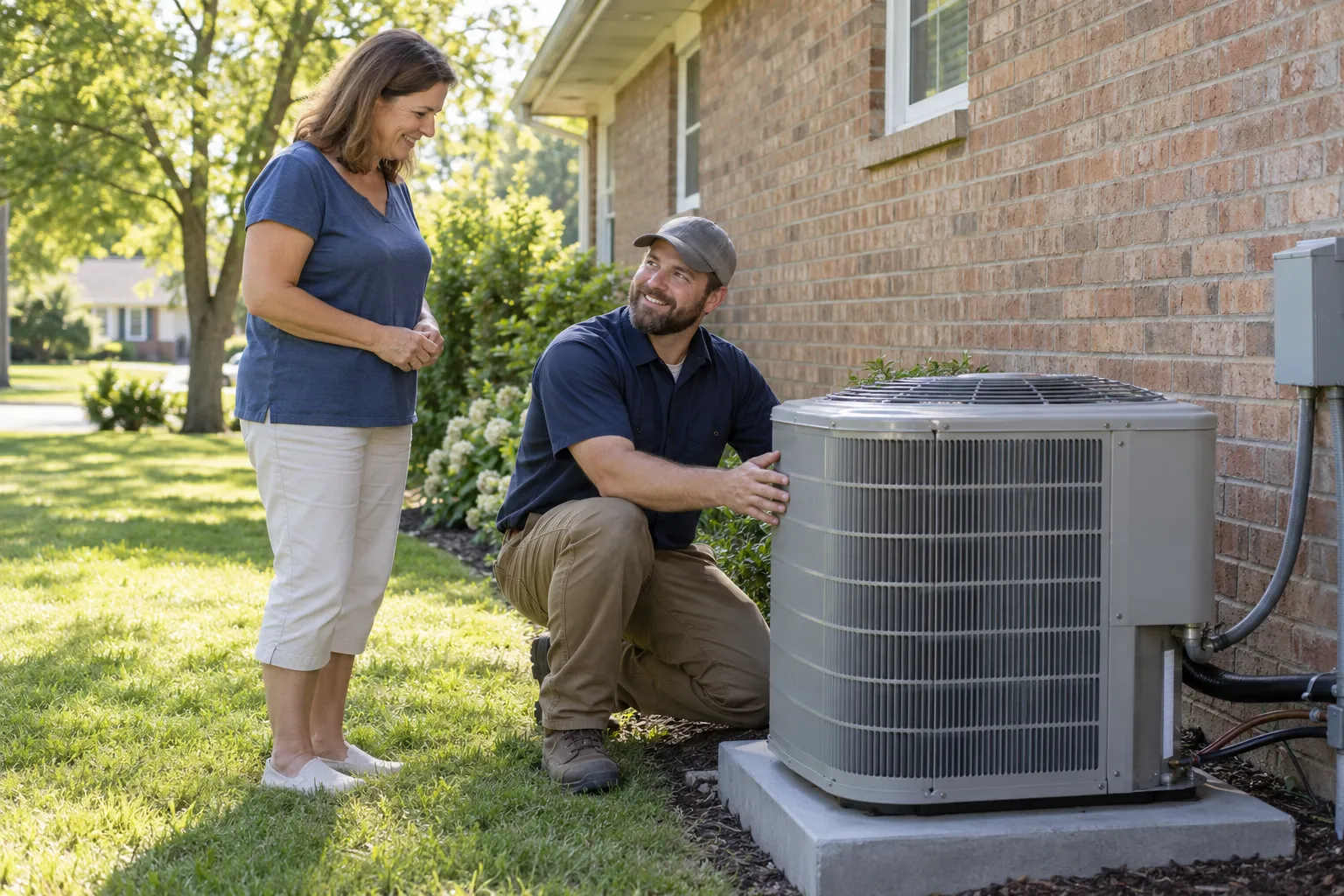 A friendly provider checking a new outdoor AC unit beside a house in the Aurora area