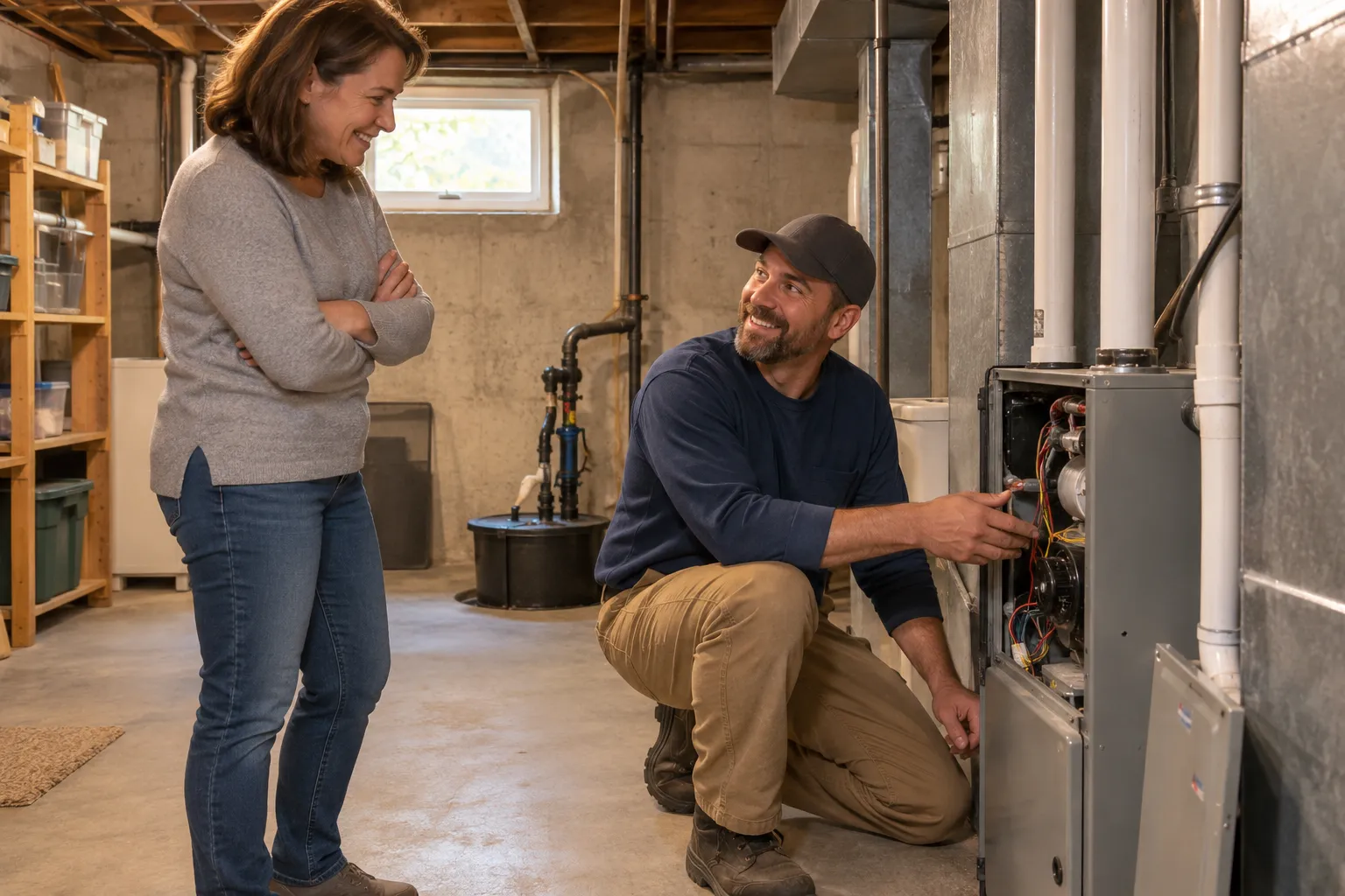 A friendly local heating provider checking a furnace in a basement of a home near Aurora