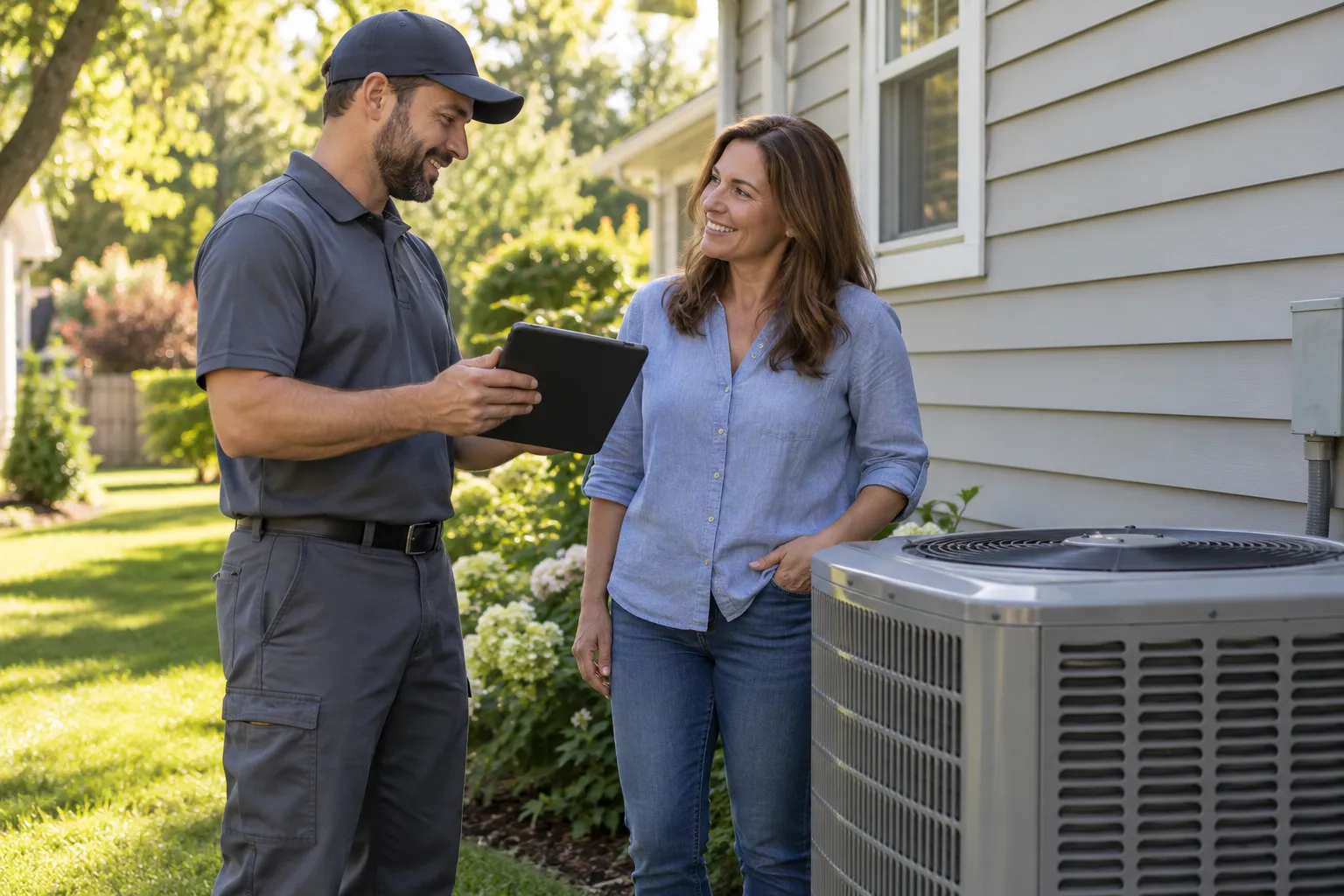 A homeowner and an HVAC provider checking an outdoor air conditioner near a house in Aurora